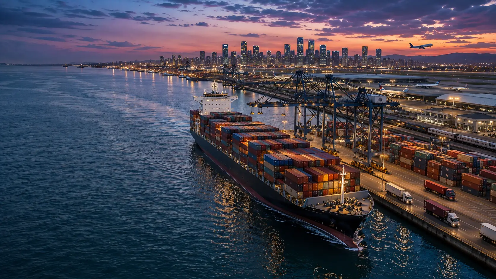 Aerial view of a container ship docked at a cargo port terminal at dusk, with gantry cranes, stacked containers and city skyline