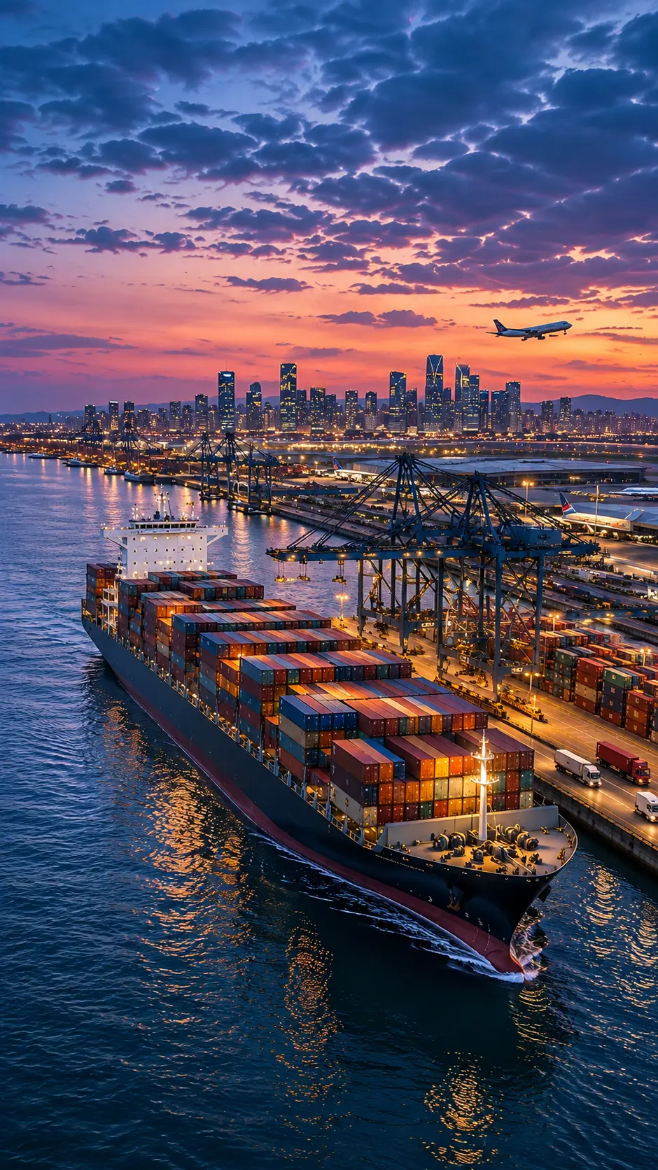 Aerial view of a container ship docked at a cargo port terminal at dusk, with gantry cranes, stacked containers and city skyline